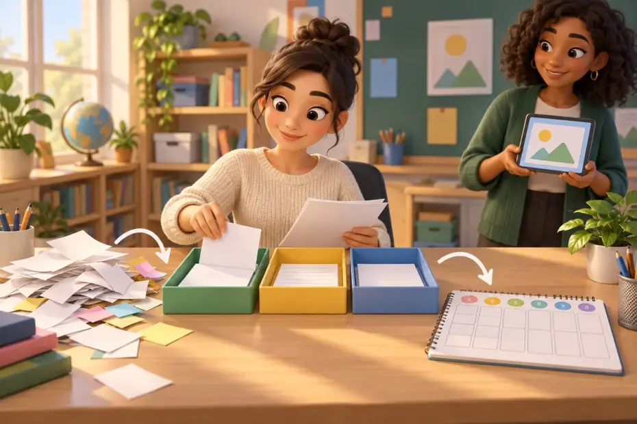 A teacher organizes scattered planning materials into simple reusable routines.