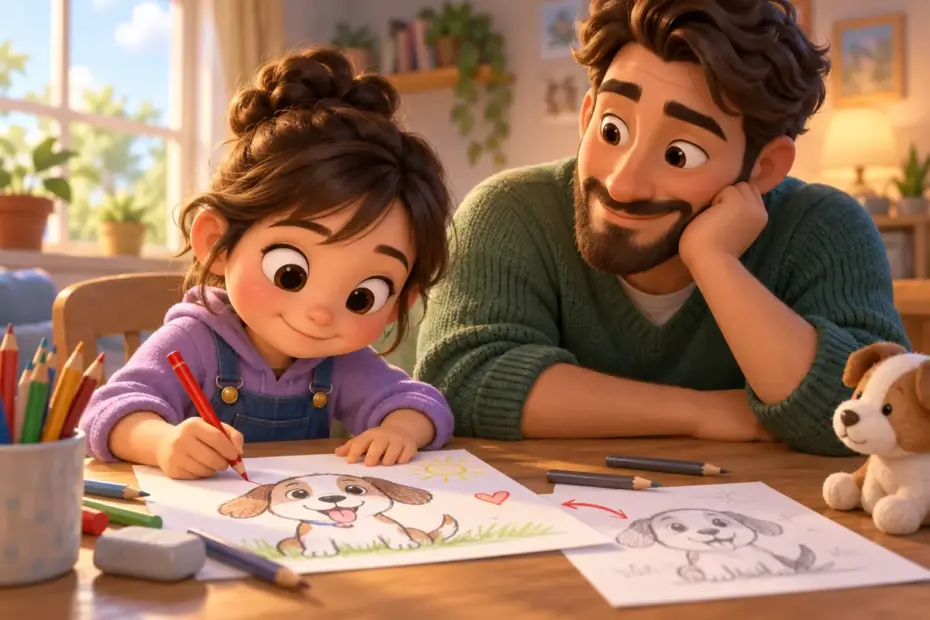 A child revises a drawing beside an adult at a table.