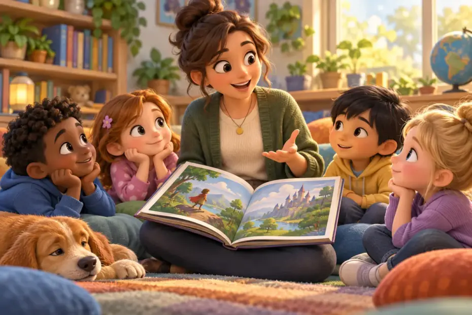 A teacher discusses an open storybook with children.