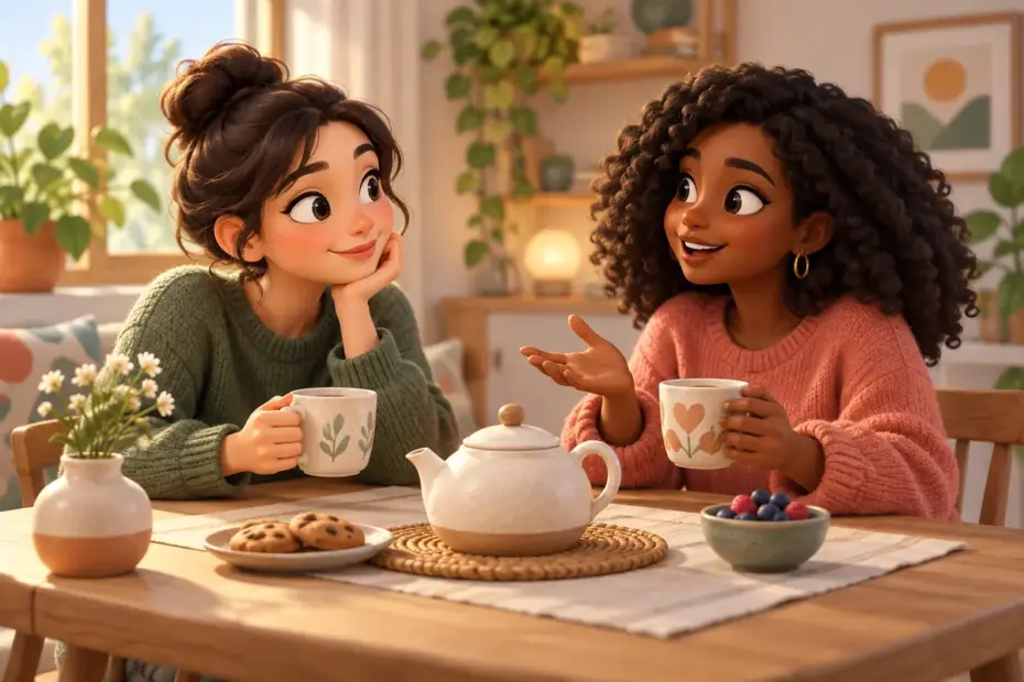 Friends talk about their day over tea.