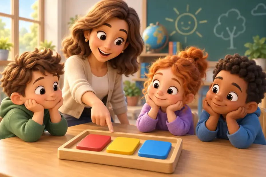 A teacher points to three colored tiles in a tray.