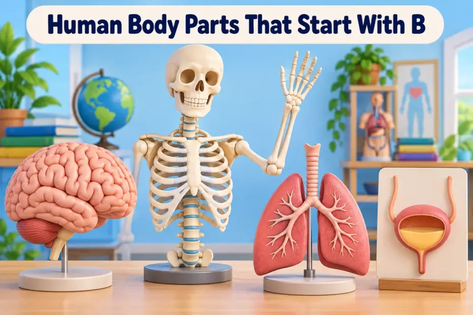 A classroom display combines a brain model, skeleton, lung model, and bladder model.