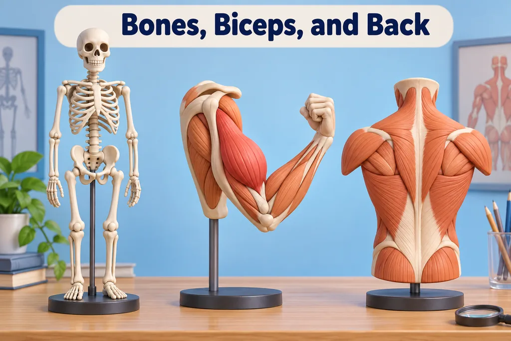 A clean three-dimensional skeleton model with a highlighted upper-arm muscle and back muscles illustrates bones and biceps.