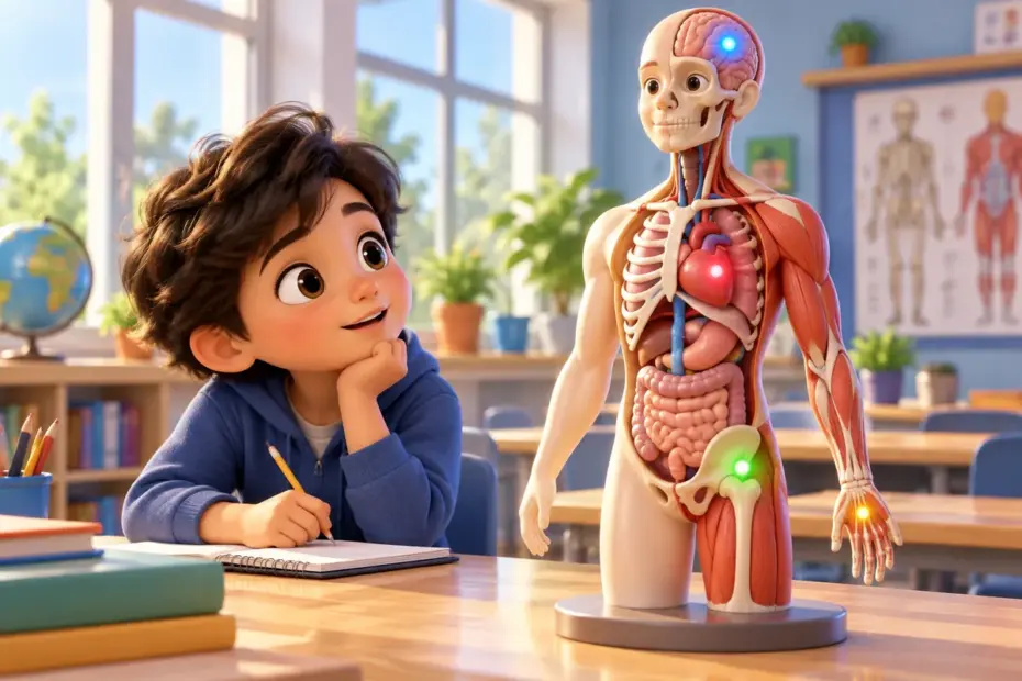 A student studies a friendly anatomy model, pointing to the head, heart, hand and hip.