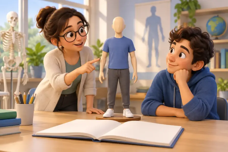 A teacher and learner study human anatomy vocabulary.