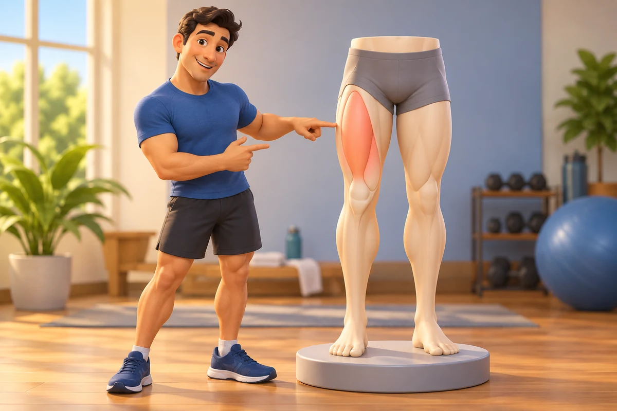 A learner studies the front-of-thigh region on a simplified model.