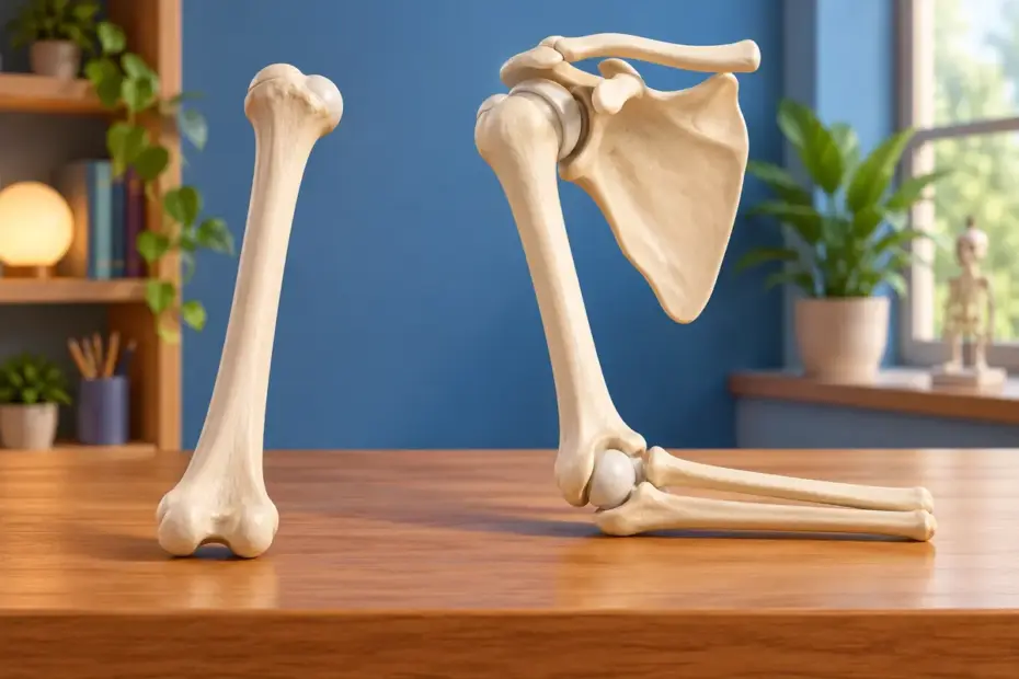 A plain upper-arm bone model rests beside a shoulder-and-elbow model.