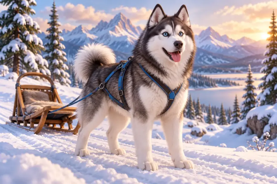 A thick-coated Siberian Husky stands beside a sled on a snowy trail.