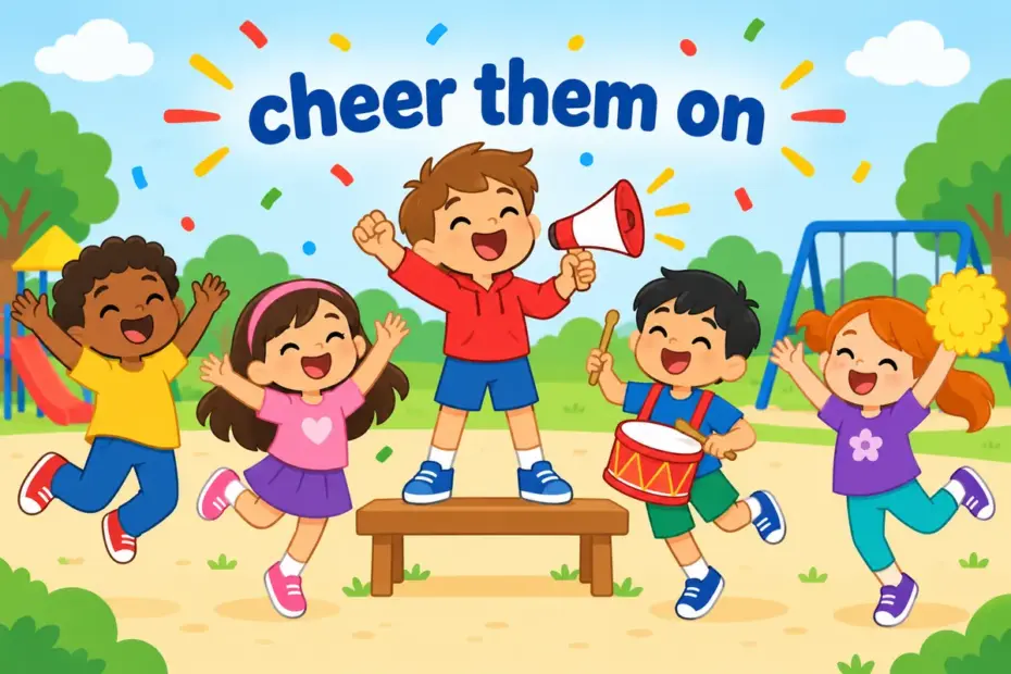 Cartoon children leap and cheer as a friend leads a chant, illustrating hype up in a sentence.