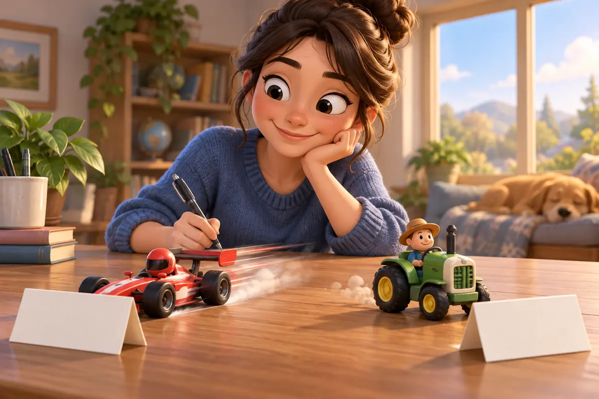 A writer compares a fast-moving toy model and a slower model beside blank note cards.