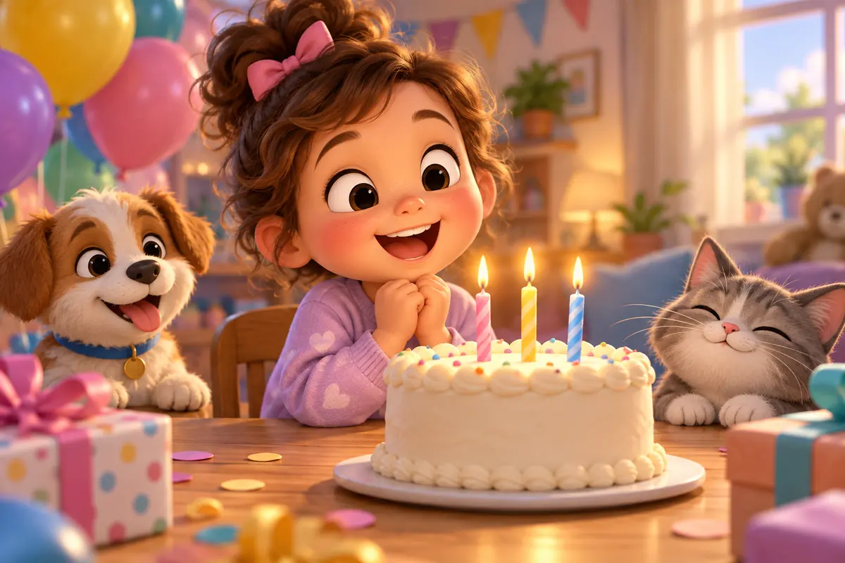 A small child celebrates a birthday beside a plain cake with three candles.