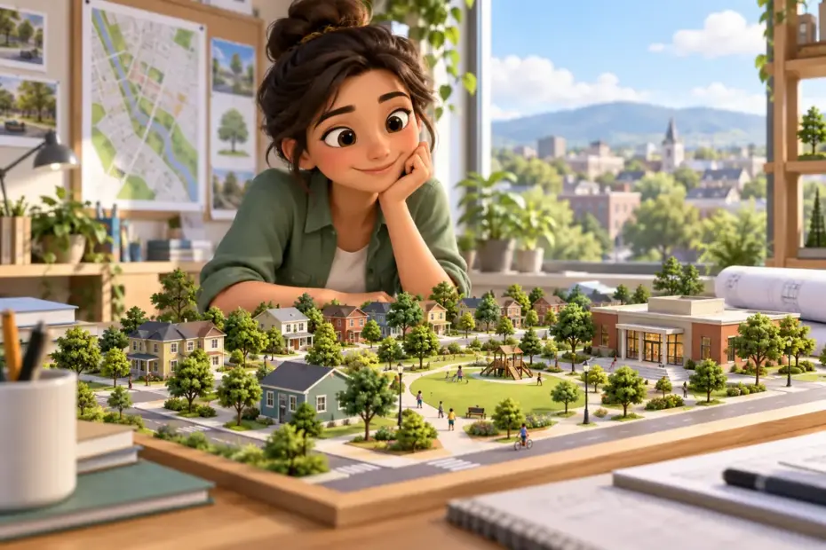 A community planner considers an idealistic neighborhood project with homes, a park, and a library.