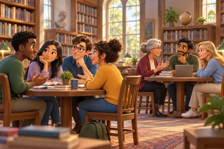Two discussion groups sit around separate tables in a library.