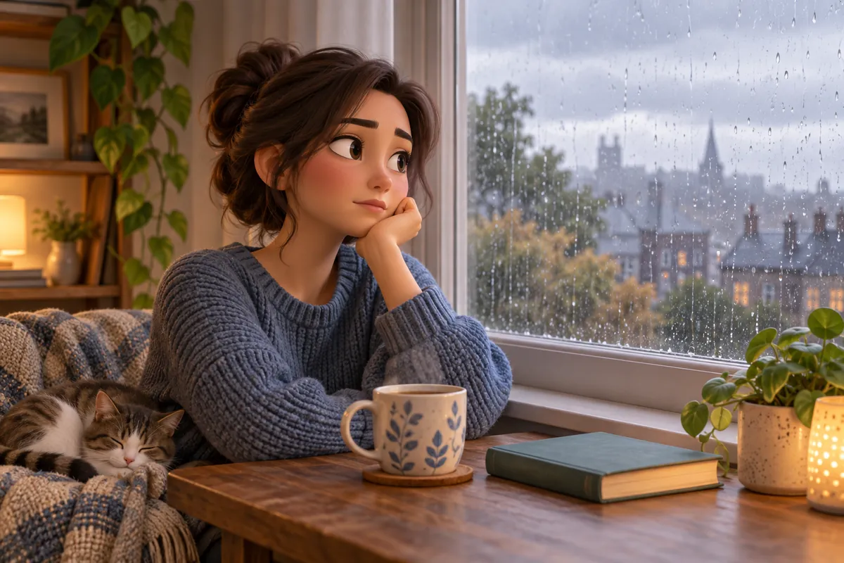A thoughtful person sits beside a rain-speckled window on a quiet, overcast afternoon.