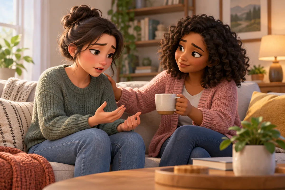 A friend listens with care while another person talks about a disappointing day.
