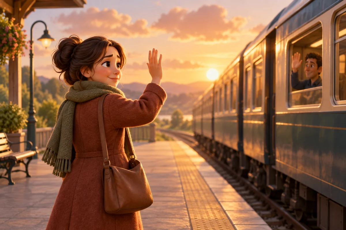 A person waves goodbye at a train platform with a wistful expression as a train departs.