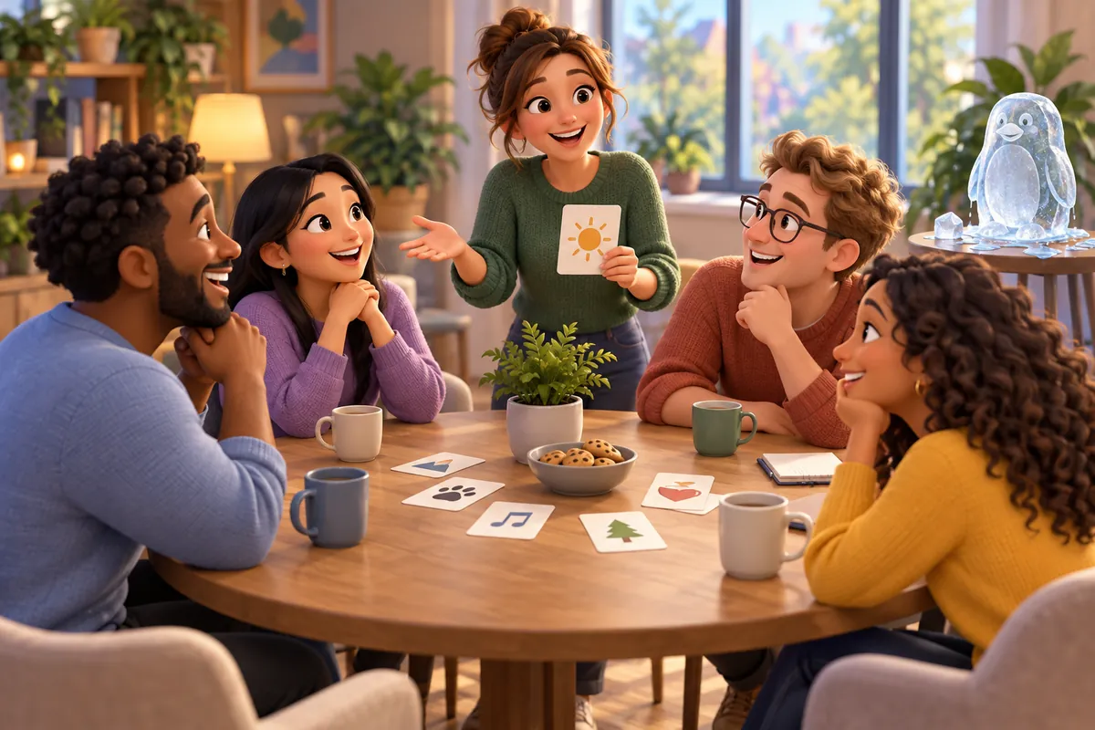 New teammates smile as a host starts a simple group activity to break the ice.