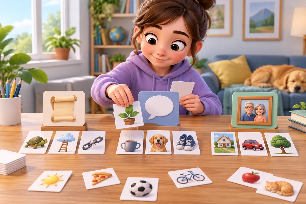 A student sorts phrase cards into idioms, sayings, and everyday terms at a study table.