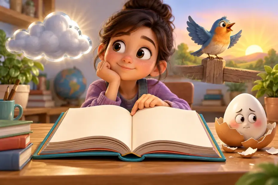 A student opens an illustrated phrase book to a page of E expressions represented by playful picture clues.