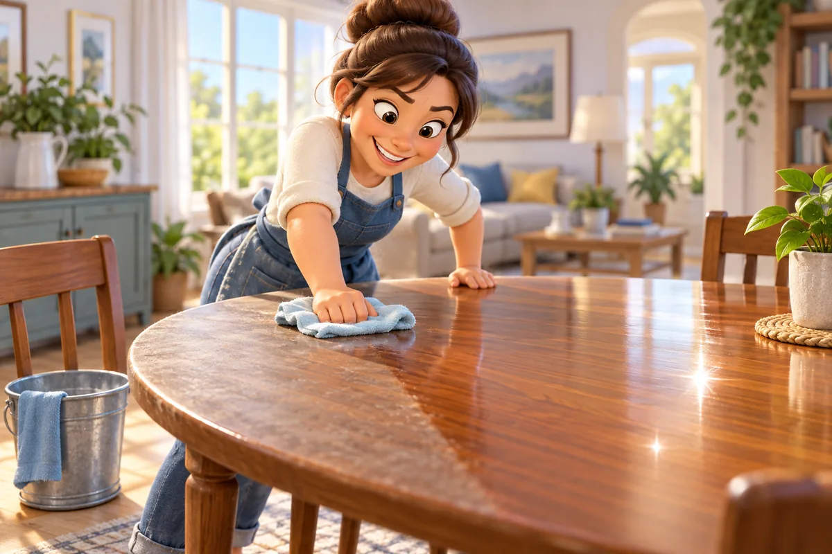 A cleaner polishes a wooden table with steady effort, illustrating the phrase elbow grease.