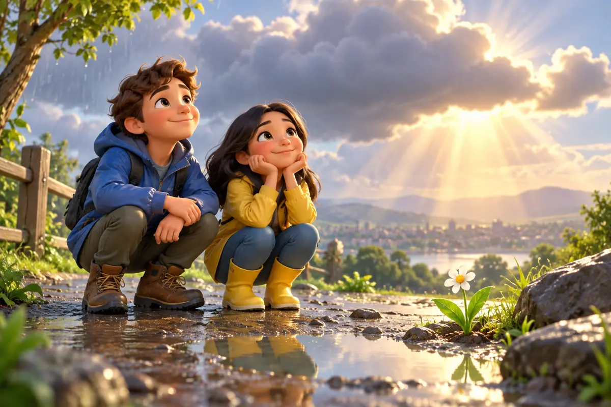 Two friends share a relieved smile after a difficult task works out, suggesting a silver lining.