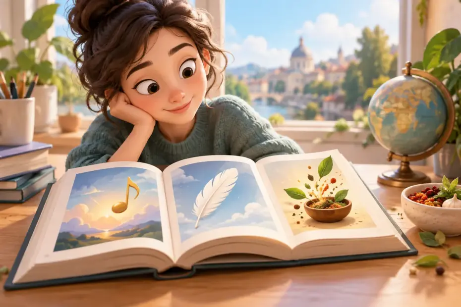 A reader explores a colorful open dictionary surrounded by small symbolic objects.