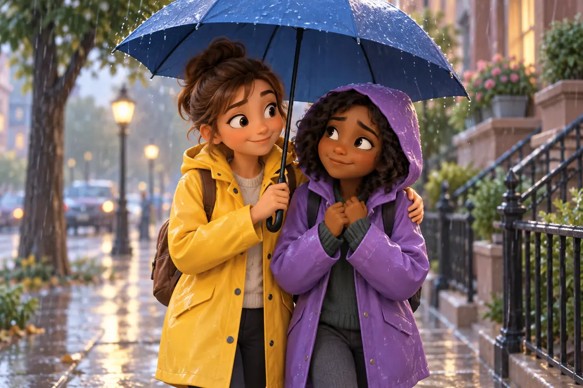 A supportive friend offers an umbrella to someone standing in the rain.