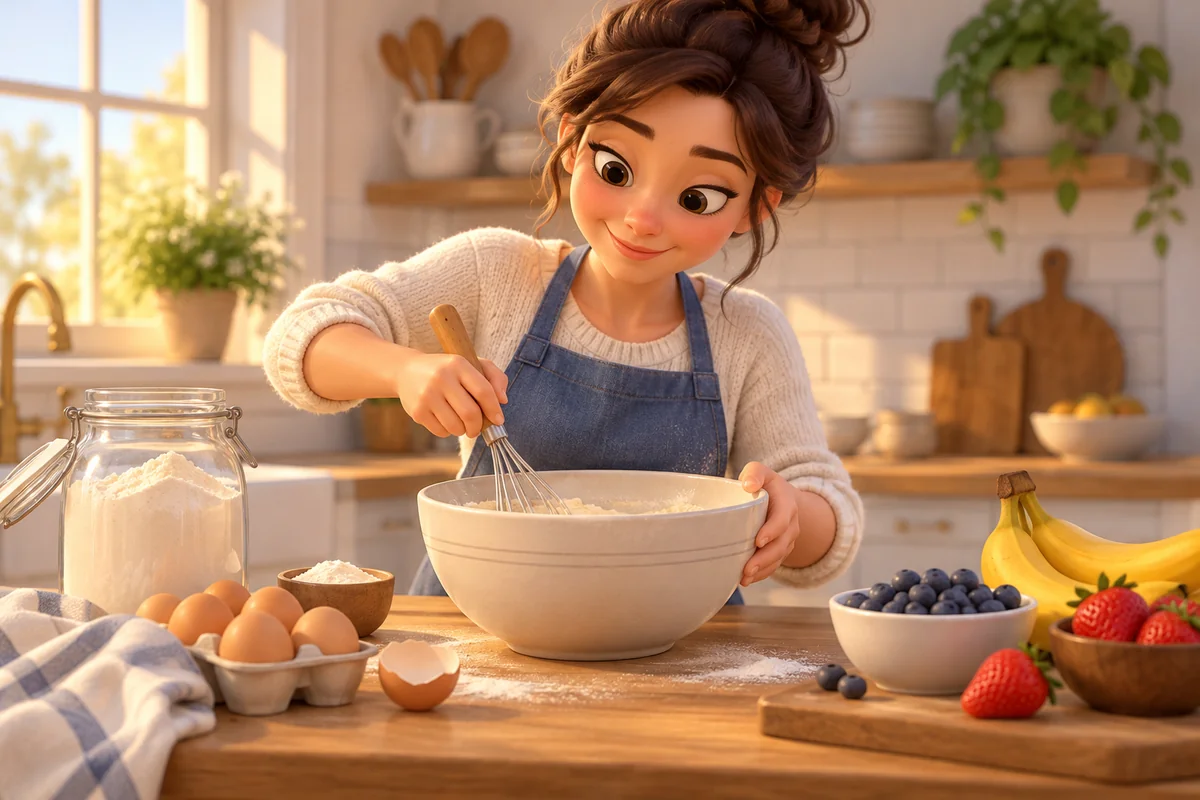 A home baker prepares a recipe from separate ingredients on a clean counter.