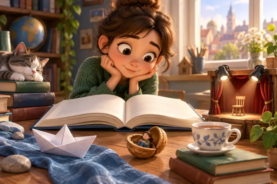 A reader explores a whimsical collection of objects beside an open unmarked dictionary.