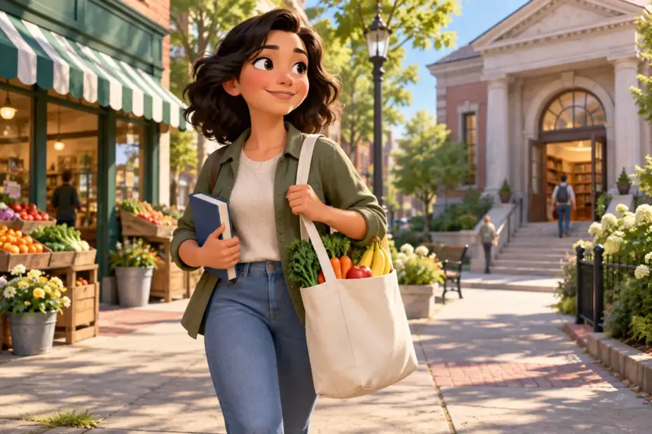A commuter combines grocery shopping and library returns during one neighborhood errand.