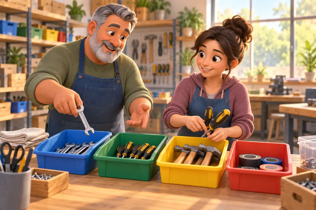 An experienced volunteer shows a newcomer how to organize supplies at a workshop.