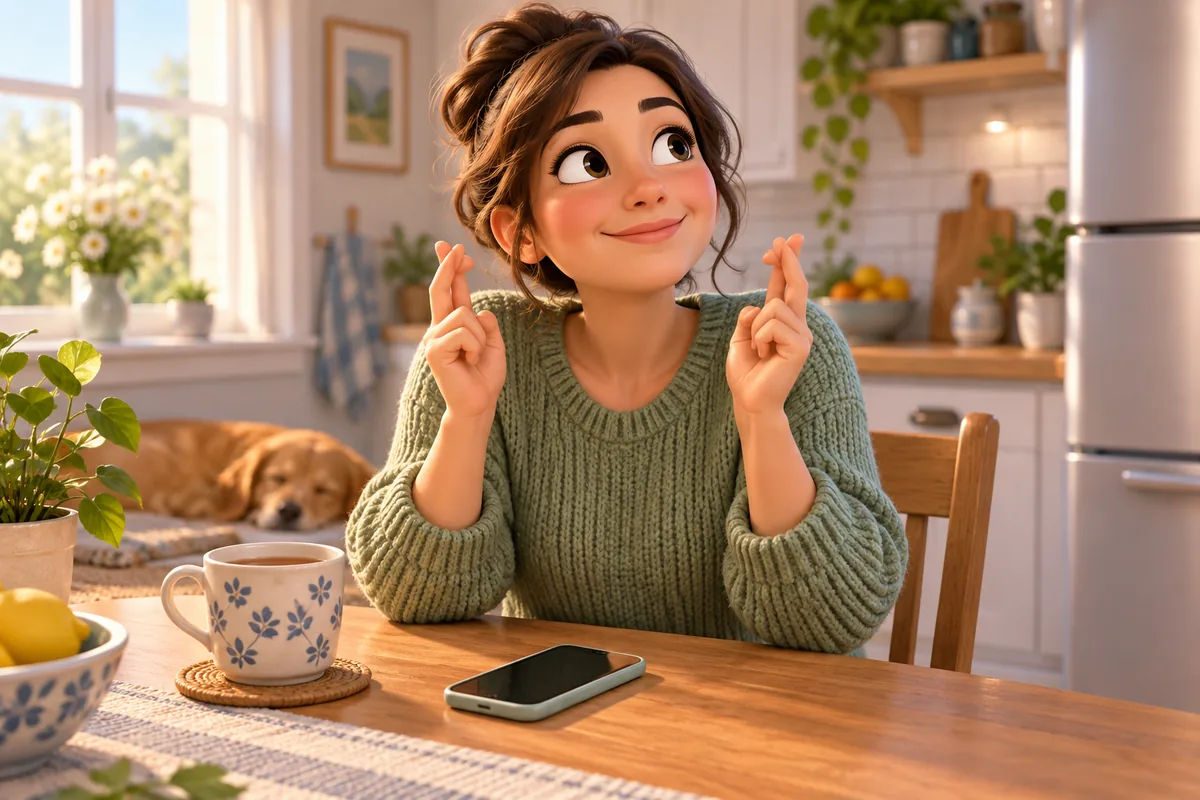 A hopeful applicant crosses their fingers while checking a quiet phone at home.