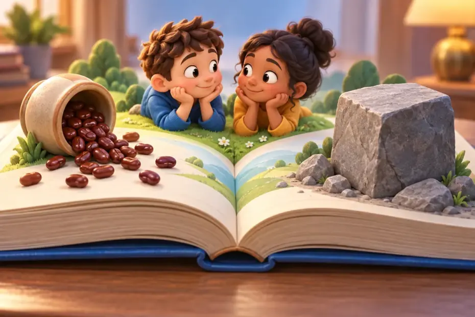 An open book shows beans spilling, two friends meeting eye to eye, and a solid stone.