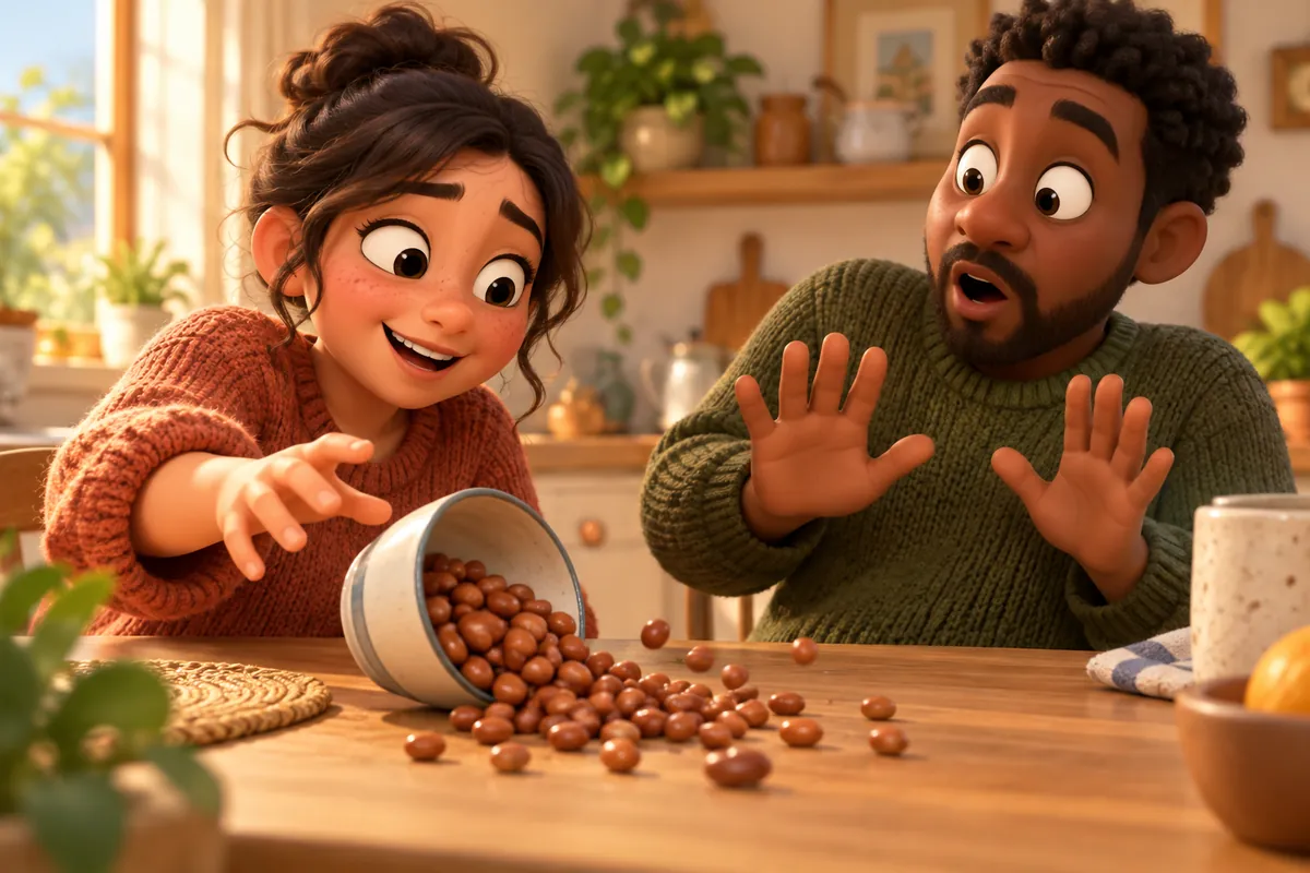 A small bowl of beans tips over as one friend reveals a surprise.