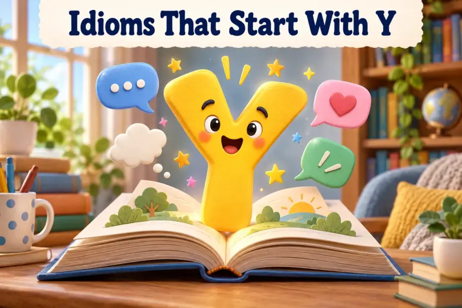 A large three-dimensional yellow letter Y rises from an open storybook with simple conversation symbols.