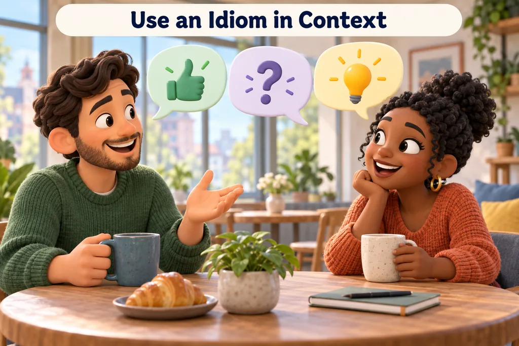 Two friends talk over coffee as simple expressive symbols suggest agreement, uncertainty, and friendly advice.