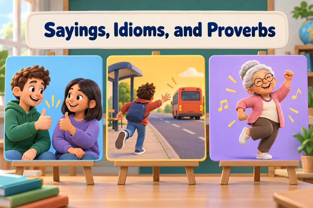 Three colorful story cards show a person agreeing, a missed opportunity, and a cheerful older dancer without printed wording.