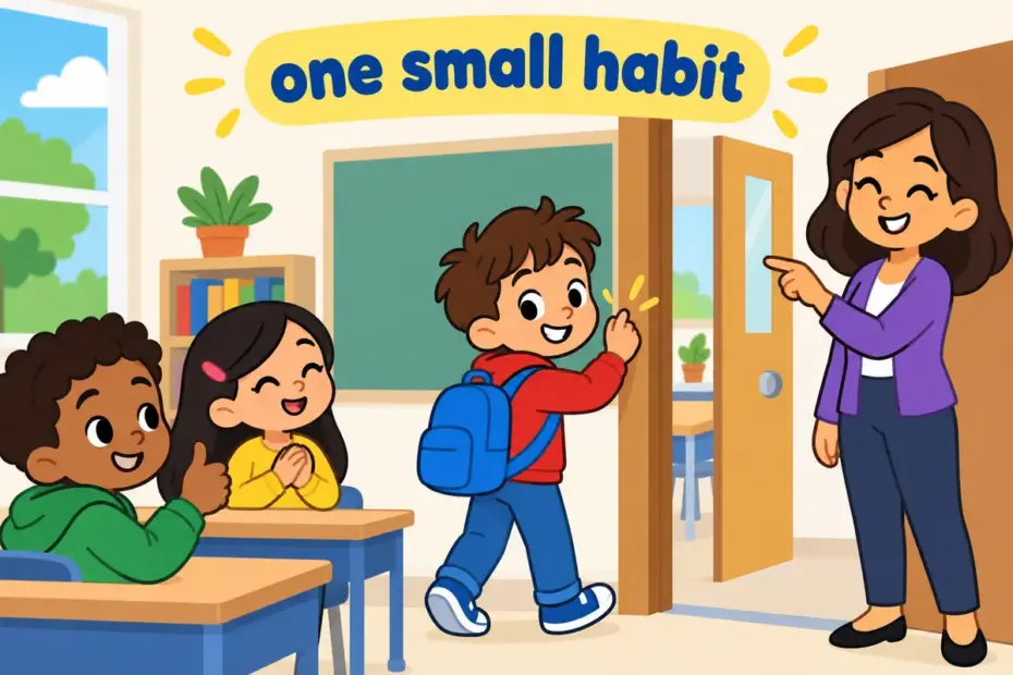 Cartoon pupils line up to show one small personal habit each, illustrating idiosyncrasy in a sentence as a trait unique to one person.