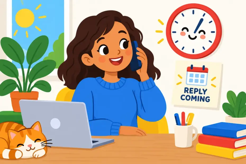 A cartoon woman on the phone beside a clock, showing ill get back to you in a sentence as a promise to reply later.