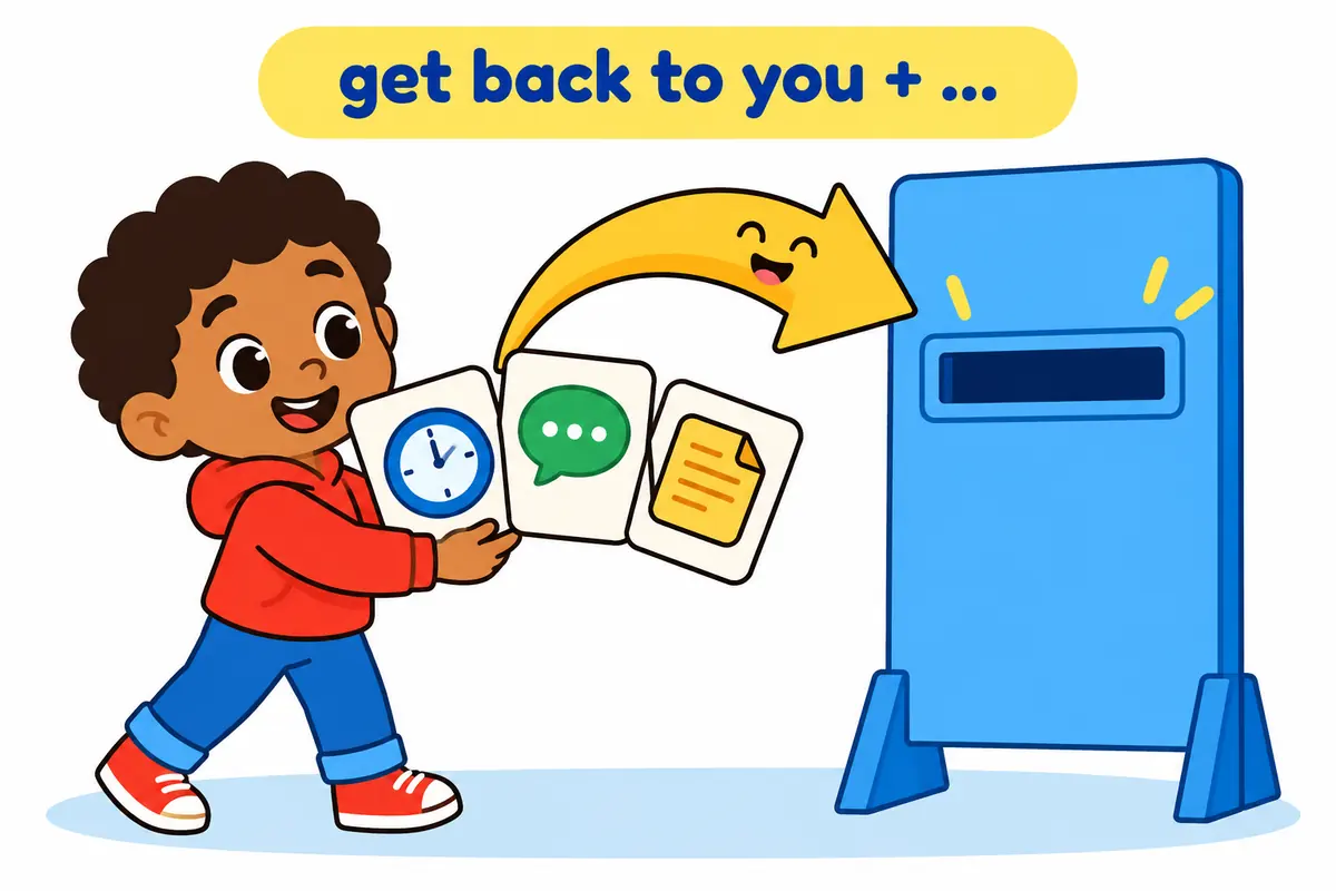 Three cartoon cards show a clock, a speech bubble and a document slotting after the phrase get back to you.