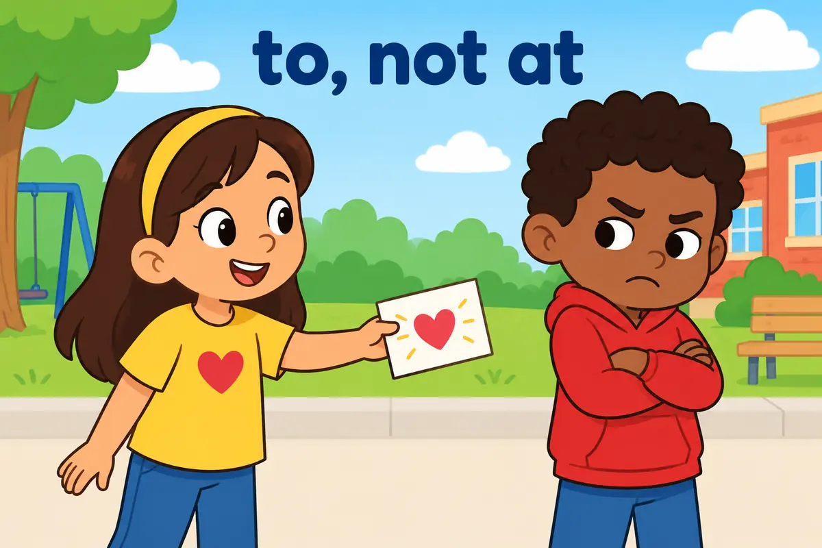 A single unified cartoon scene contrasts a child handing over a friendly note with a frowning child crossing their arms.