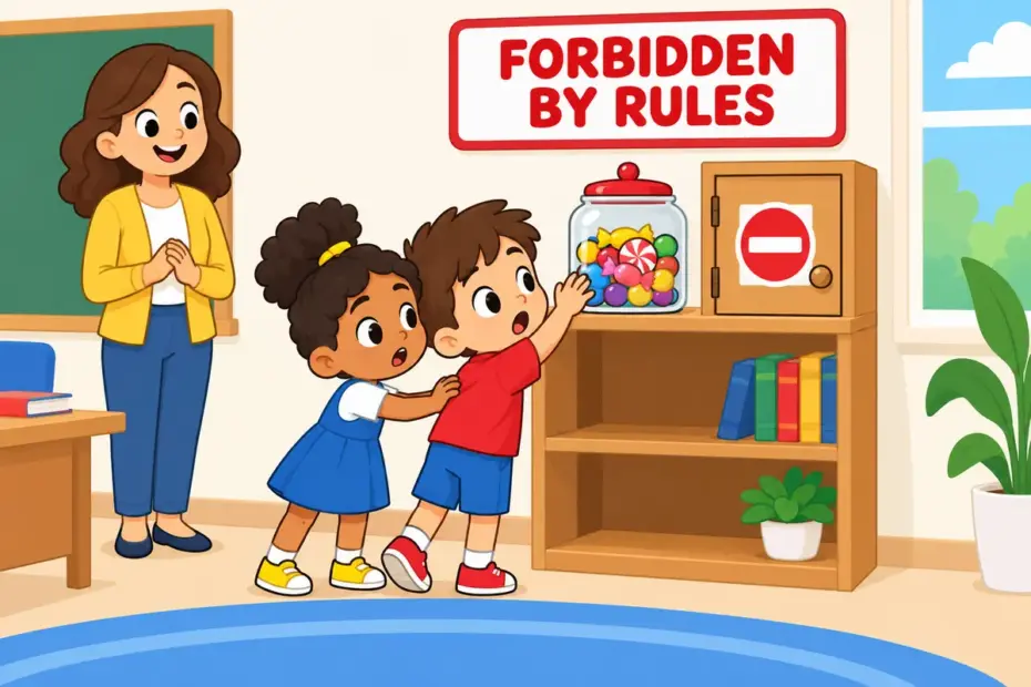 Cartoon children eye a locked sweet jar and a no-entry sign, showing illicit in a sentence as something forbidden.