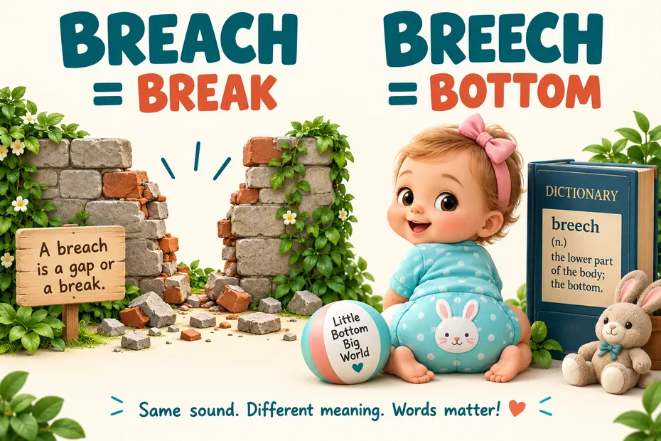 Breach means breaking; breech refers to the bottom or rear