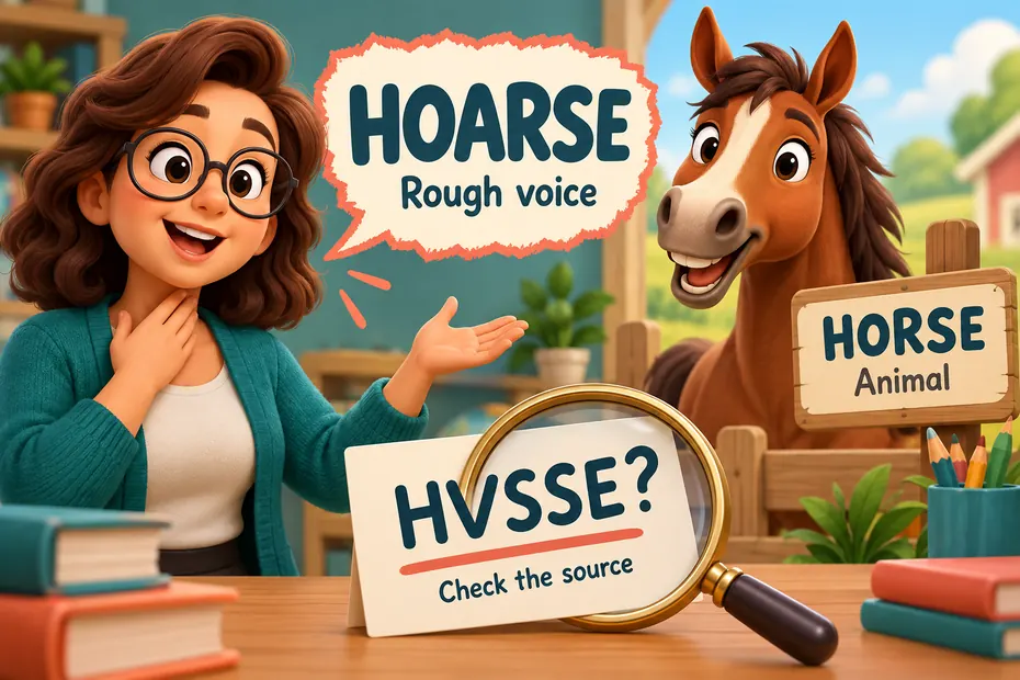 Hoarse describes a rough voice; horse names an animal; hvsse needs verification