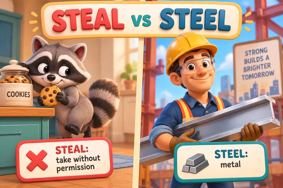 Steal means take without permission; steel names a metal