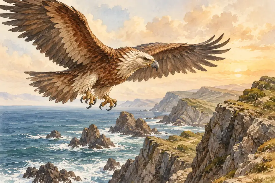 A mythical roc above a rocky coastline