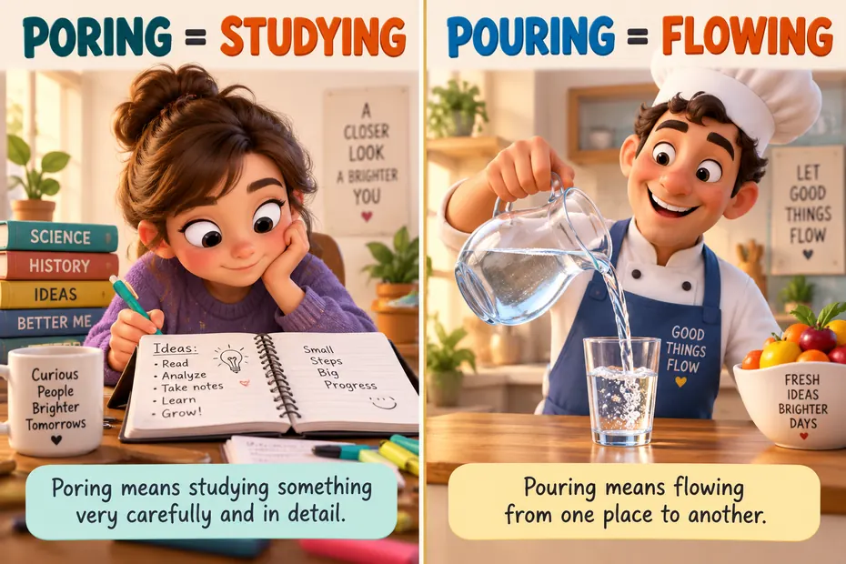 Poring means studying; pouring describes flow