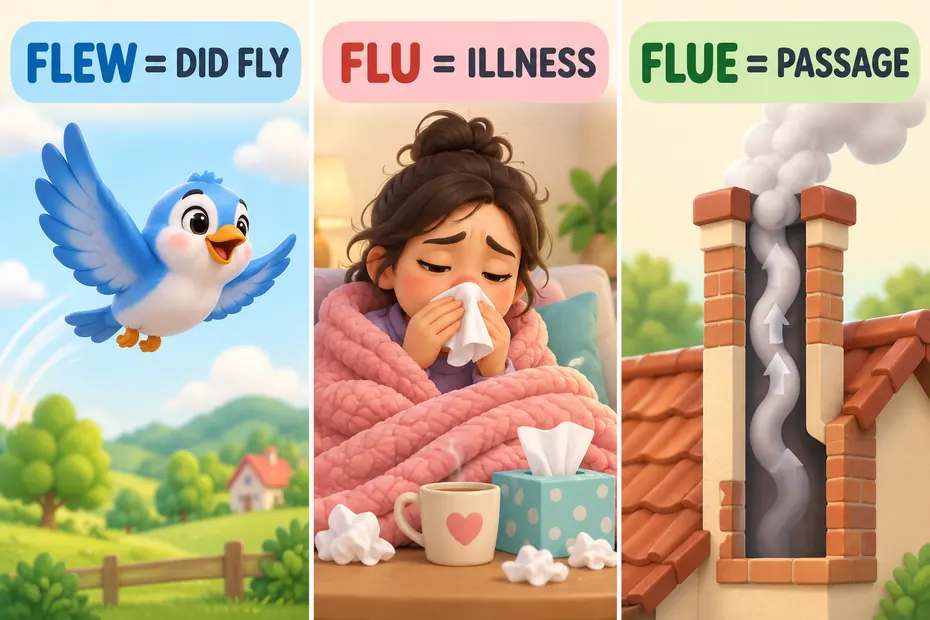Flew is did fly; flu is influenza; a flue is a passage