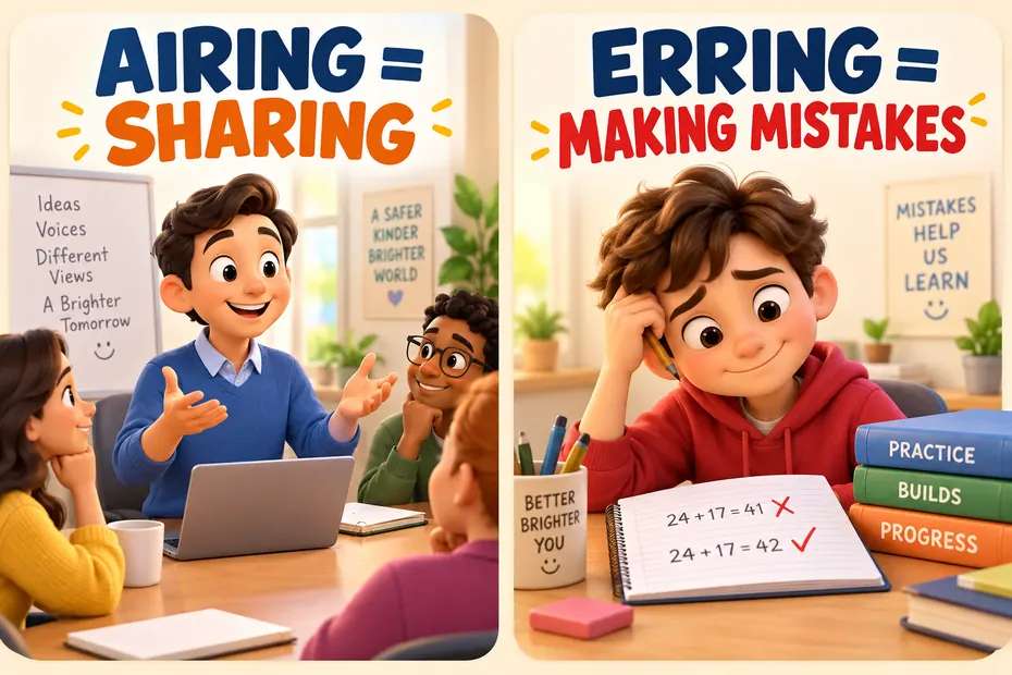 Airing can mean sharing; erring means making mistakes