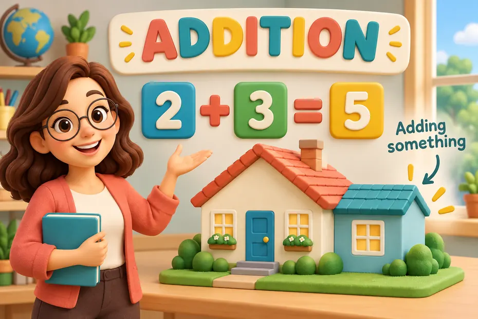 Addition combines numbers or adds a new part